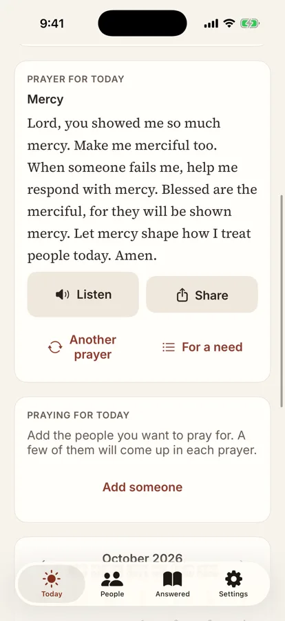 Altar Call showing the Prayer for today card with Listen and Share buttons